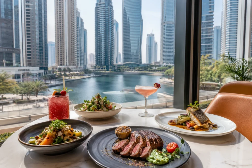 Restaurant dining spread overlooking JLT towers and the lake