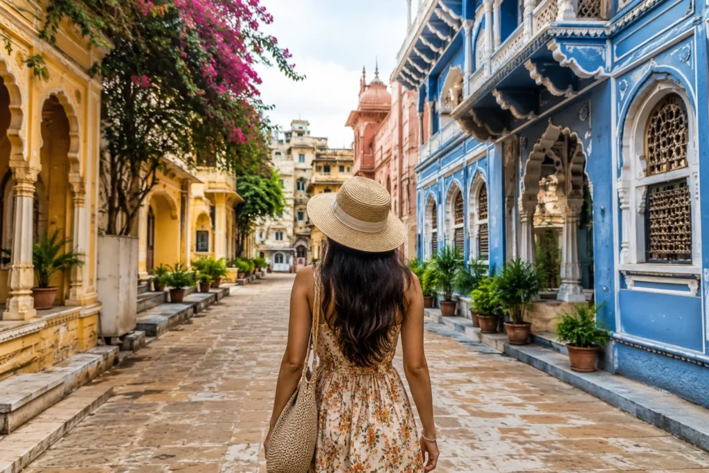 Solo female traveller exploring colourful heritage architecture in India