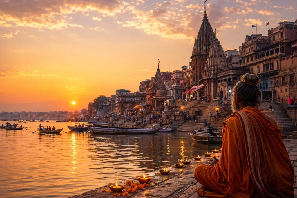 Sunset over the ghats and River Ganges in Varanasi