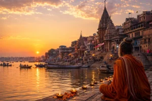 Sunset over the ghats and River Ganges in Varanasi