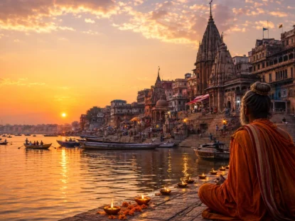 Sunset over the ghats and River Ganges in Varanasi