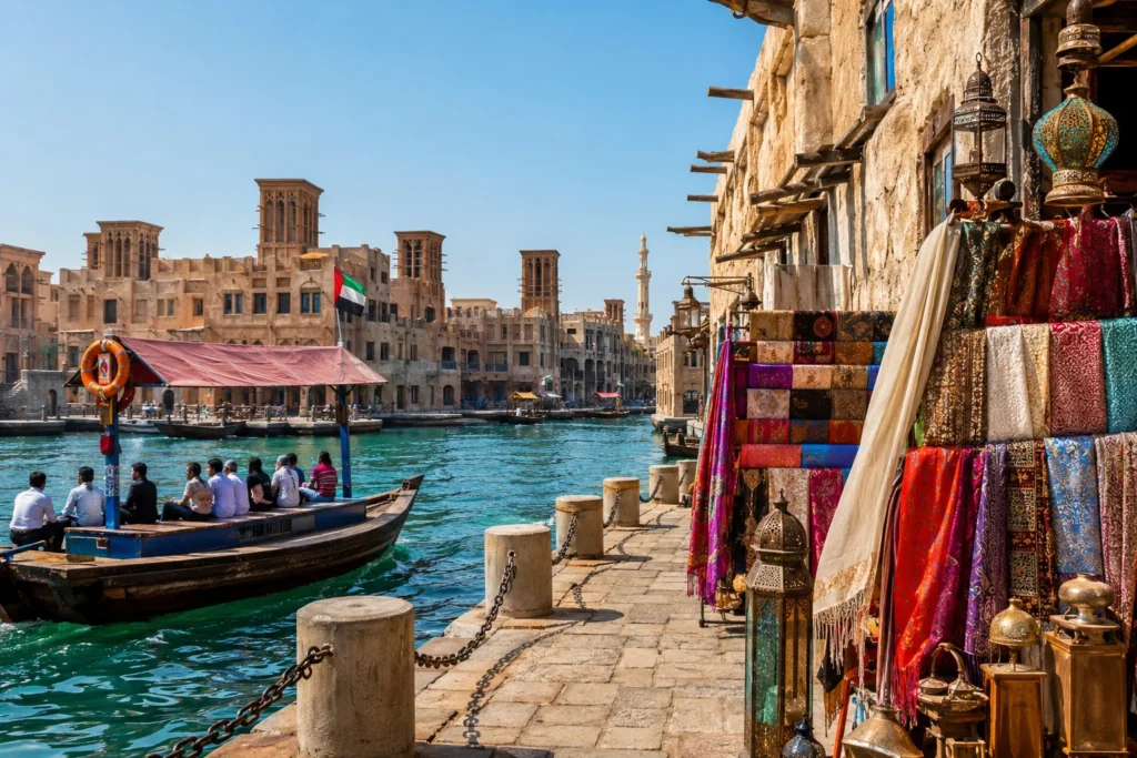 Traditional abra and heritage architecture beside Dubai Creek