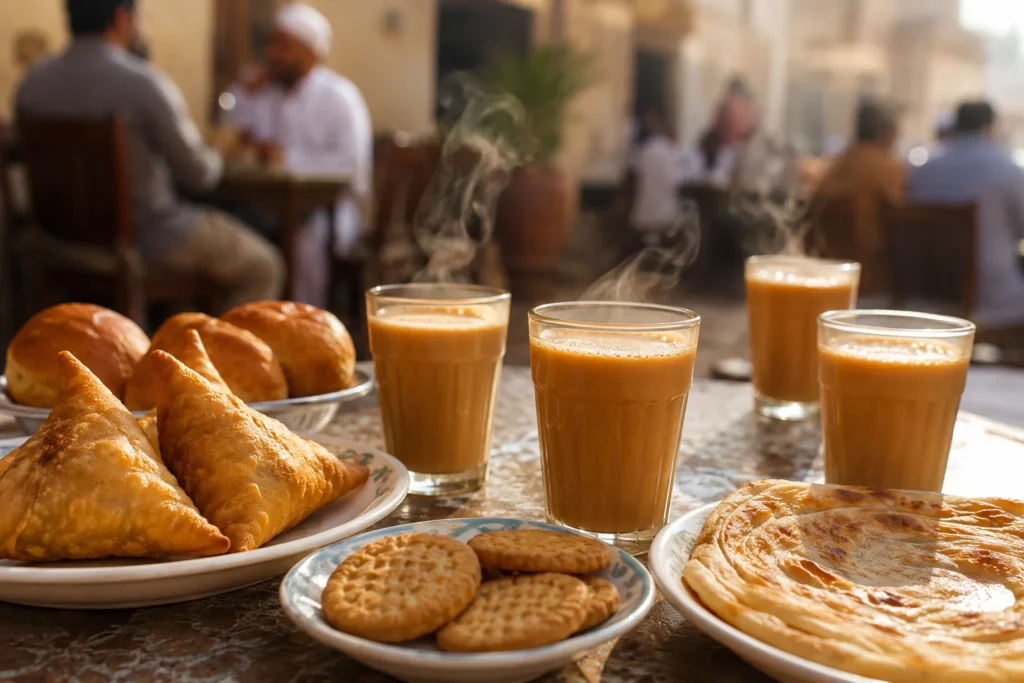 Glasses of karak chai served with traditional cafe snacks in Dubai