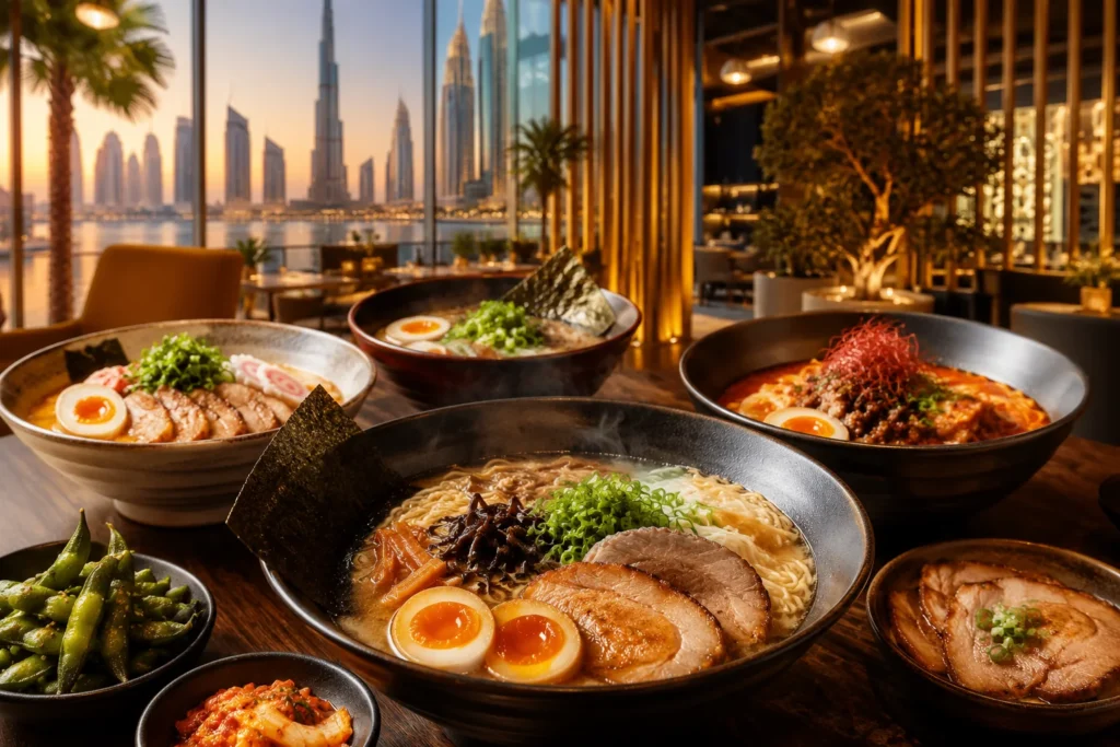 Comforting ramen bowls with noodles broth eggs and toppings in Dubai