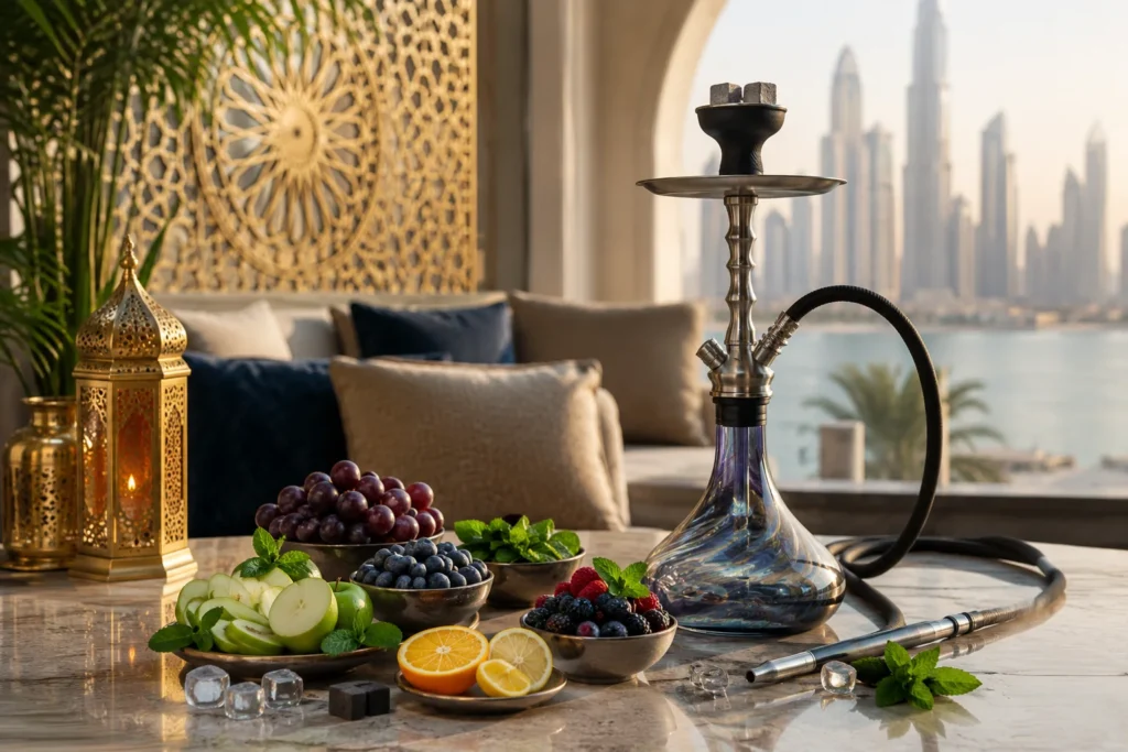 Modern shisha setup with fruit and a Dubai city view