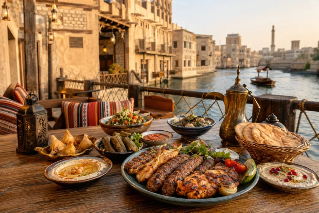 Middle Eastern dining table beside traditional Al Seef architecture and Dubai Creek