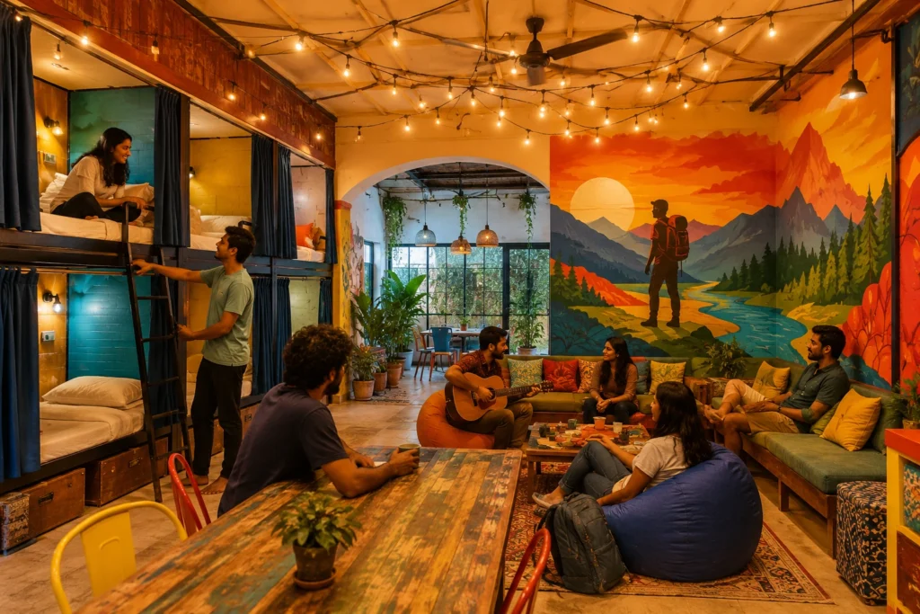 Colourful themed backpacker hostel with bunk beds and communal seating in India