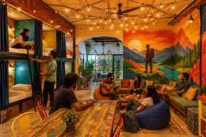 Colourful themed backpacker hostel with bunk beds and communal seating in India