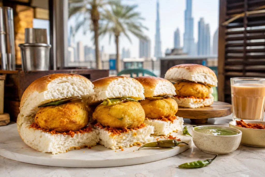 Mumbai-style vada pav with green chutney and fried chillies