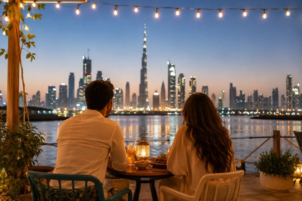 Affordable romantic outdoor date with fairy lights and Dubai skyline views