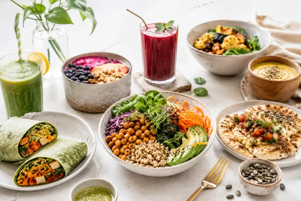 Colourful plant-based café spread with wraps, bowls and smoothies
