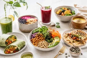 Colourful plant-based café spread with wraps, bowls and smoothies