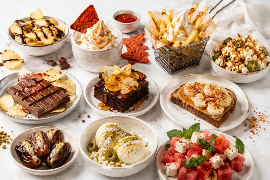 Unusual sweet and savoury snack combinations on a bright table