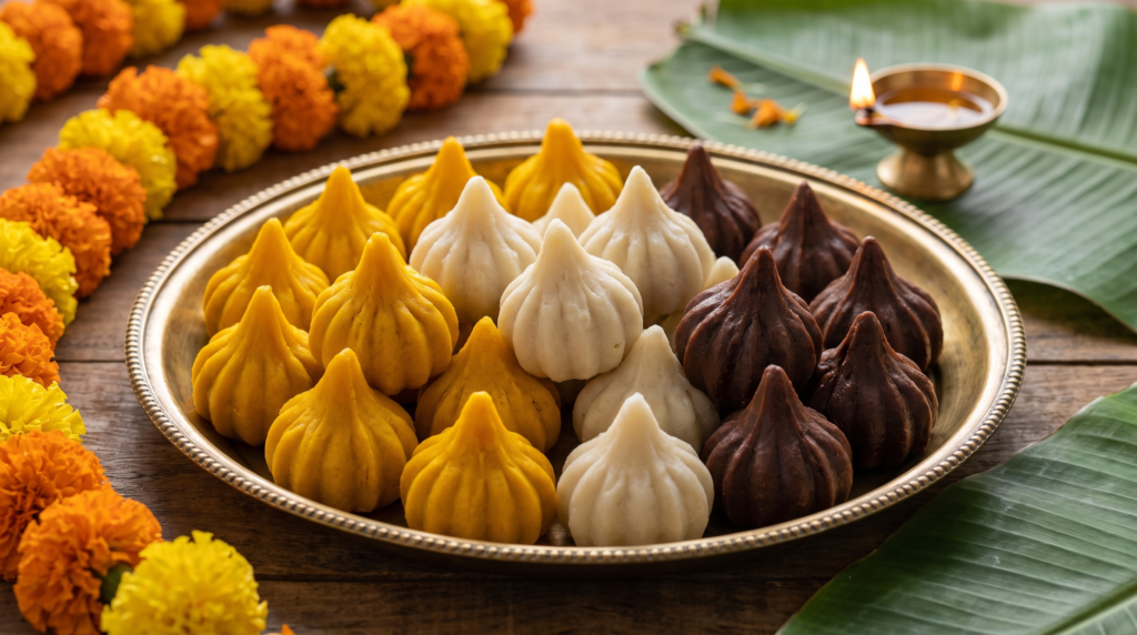 Yellow, white and chocolate modaks for Ganesh Chaturthi in Dubai