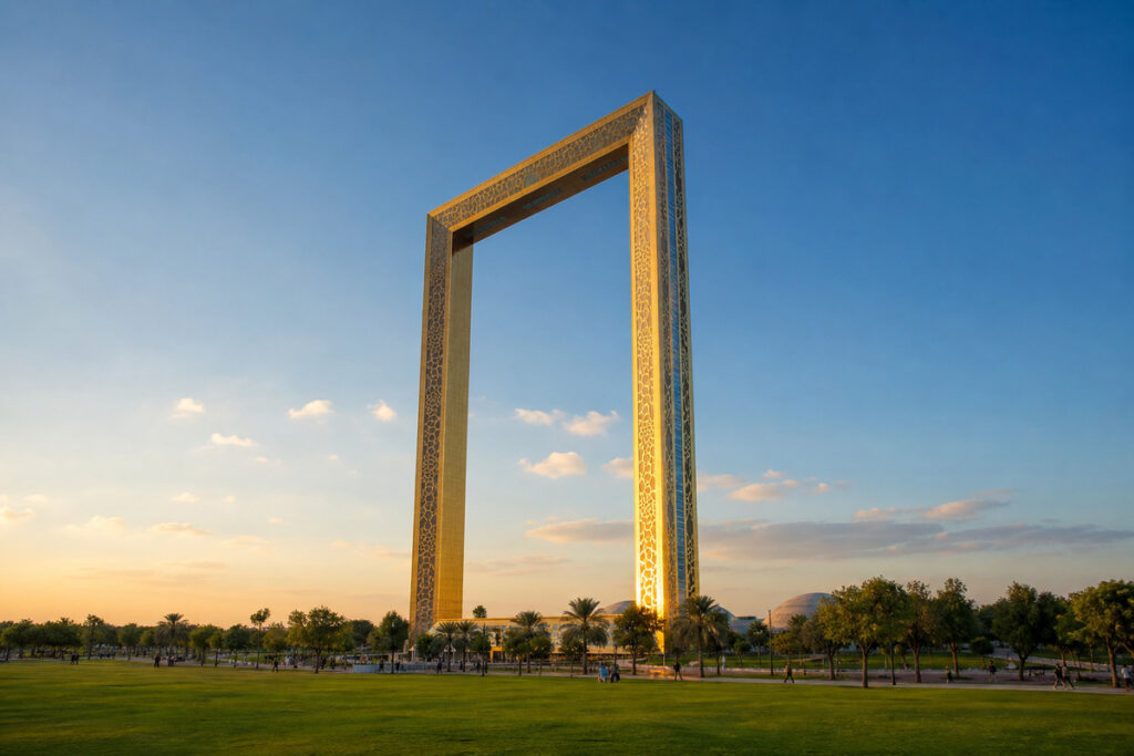 Dubai Frame glowing at golden hour above the green lawns of Zabeel Park