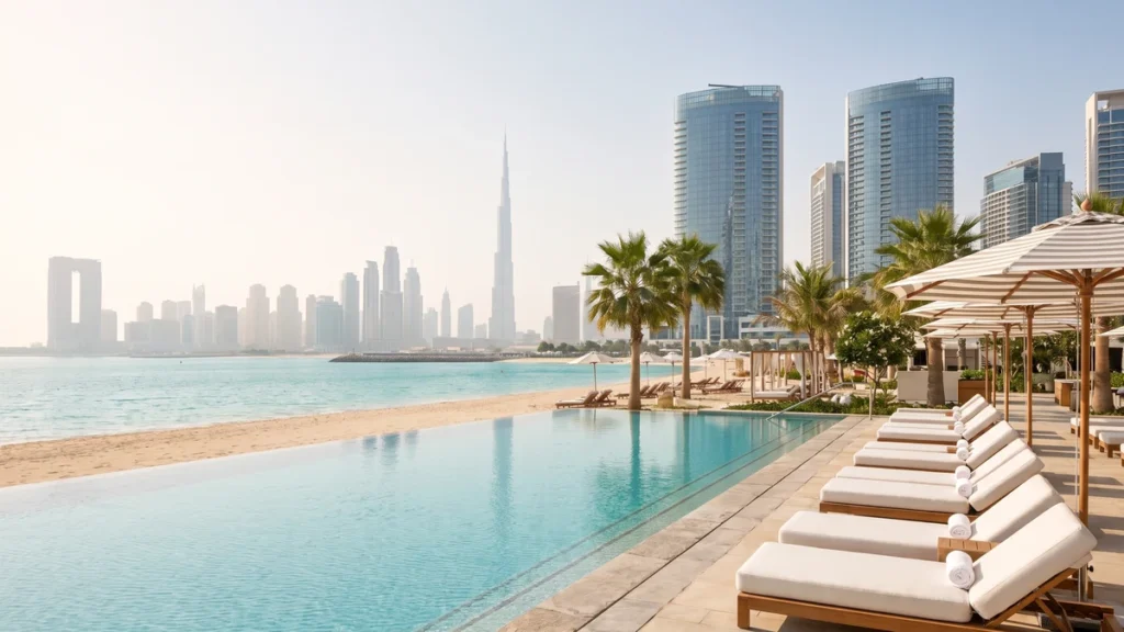 Dubai hotel swimming pool beside a beach with skyline views