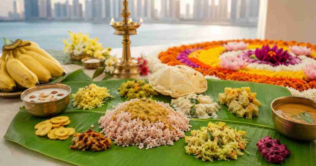 Traditional Onam sadhya served on a banana leaf with pookalam and brass lamp in Dubai