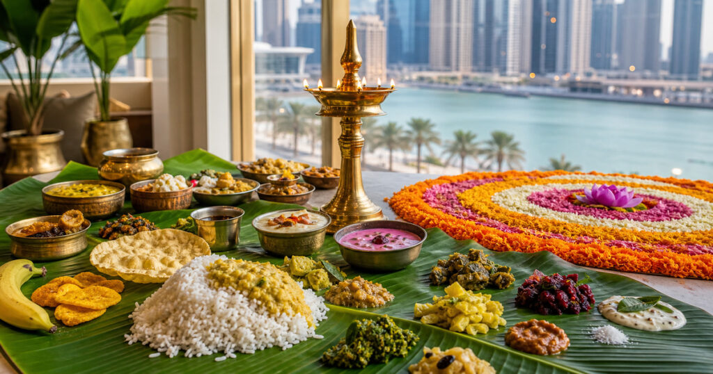 Traditional Onam sadhya on banana leaves with a brass lamp and floral pookalam in Dubai
