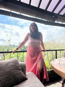 Sachi on a cafe terrace above the Ubud jungle in Bali