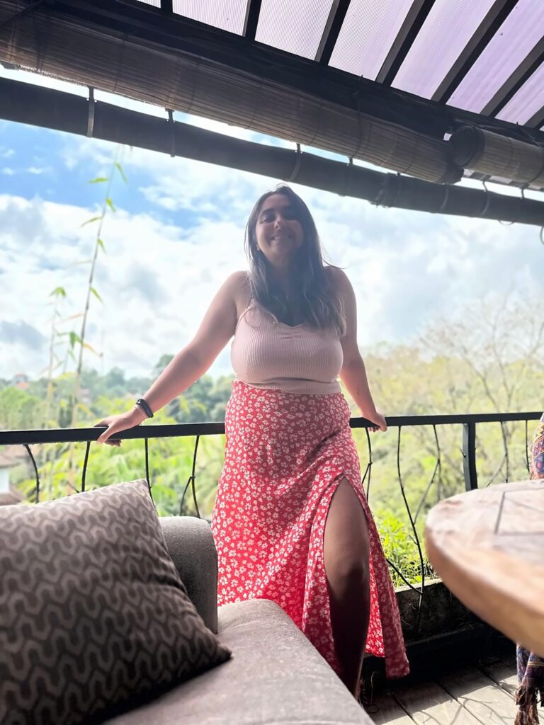 Sachi on a cafe terrace above the Ubud jungle in Bali