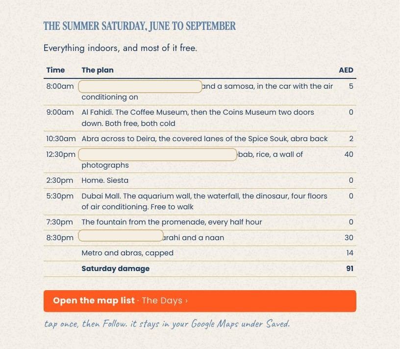 A full day plan from the guide with every time and price, three venue names hidden