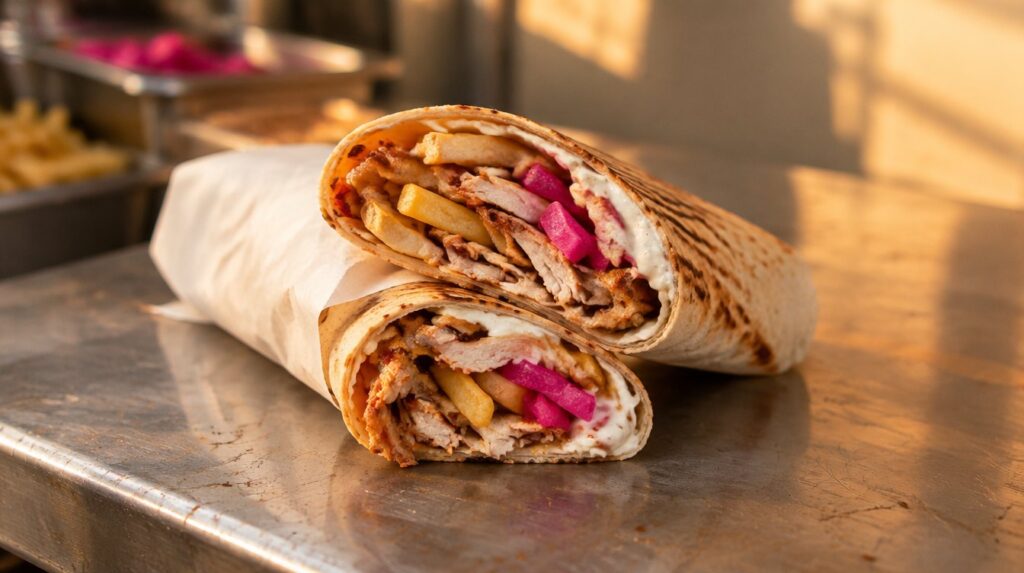 Chicken shawarma cut in half on a steel cafeteria counter in Dubai